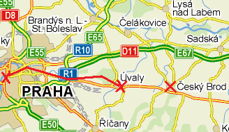 mapka- zvýrazněné Masarykovo nádraží, Úvaly a Český Brod